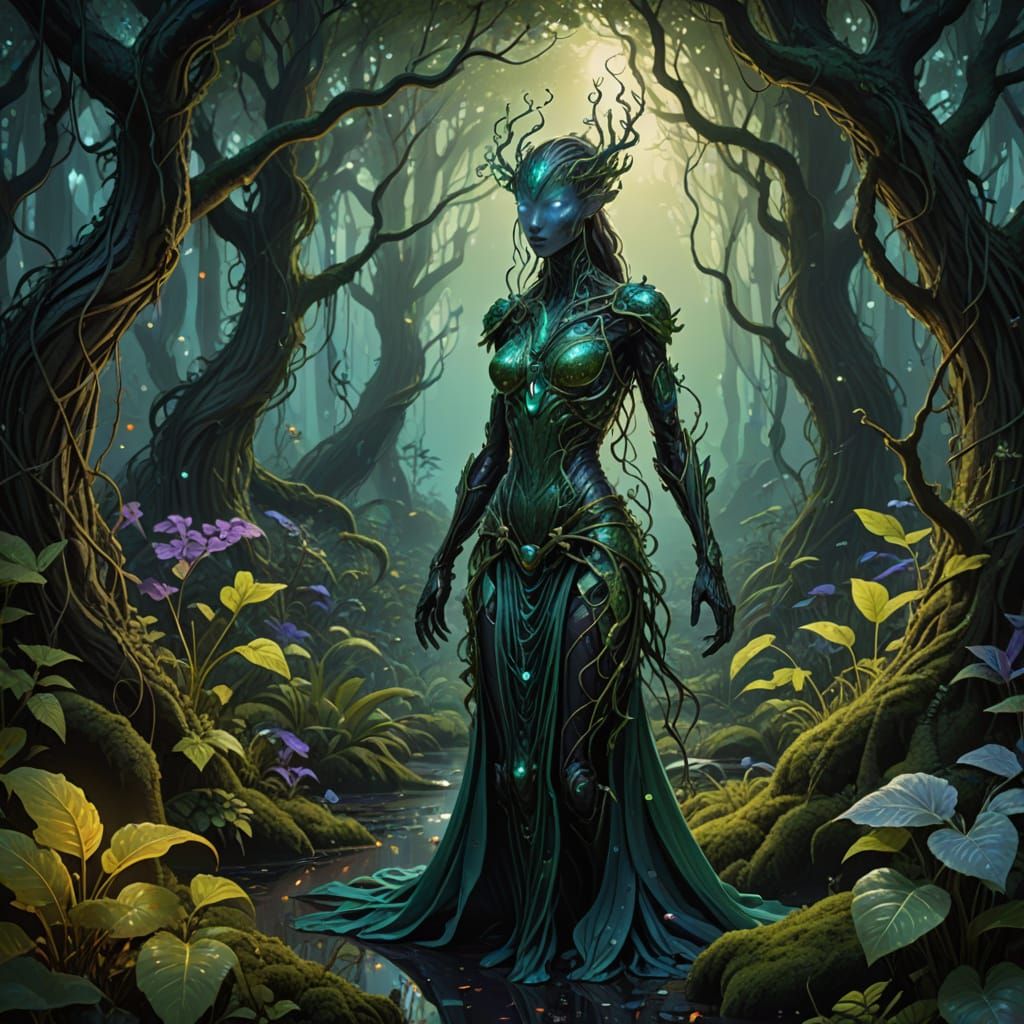 Ethereal Goddess Emerges from Emerald Forest