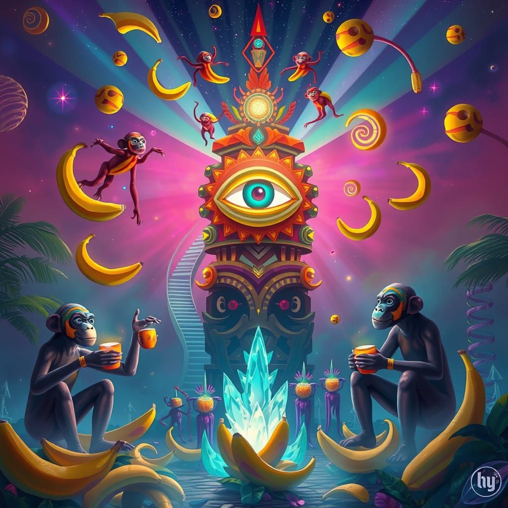 Surreal Ritual with Glowing Eye Totem and Abstract Monkeys