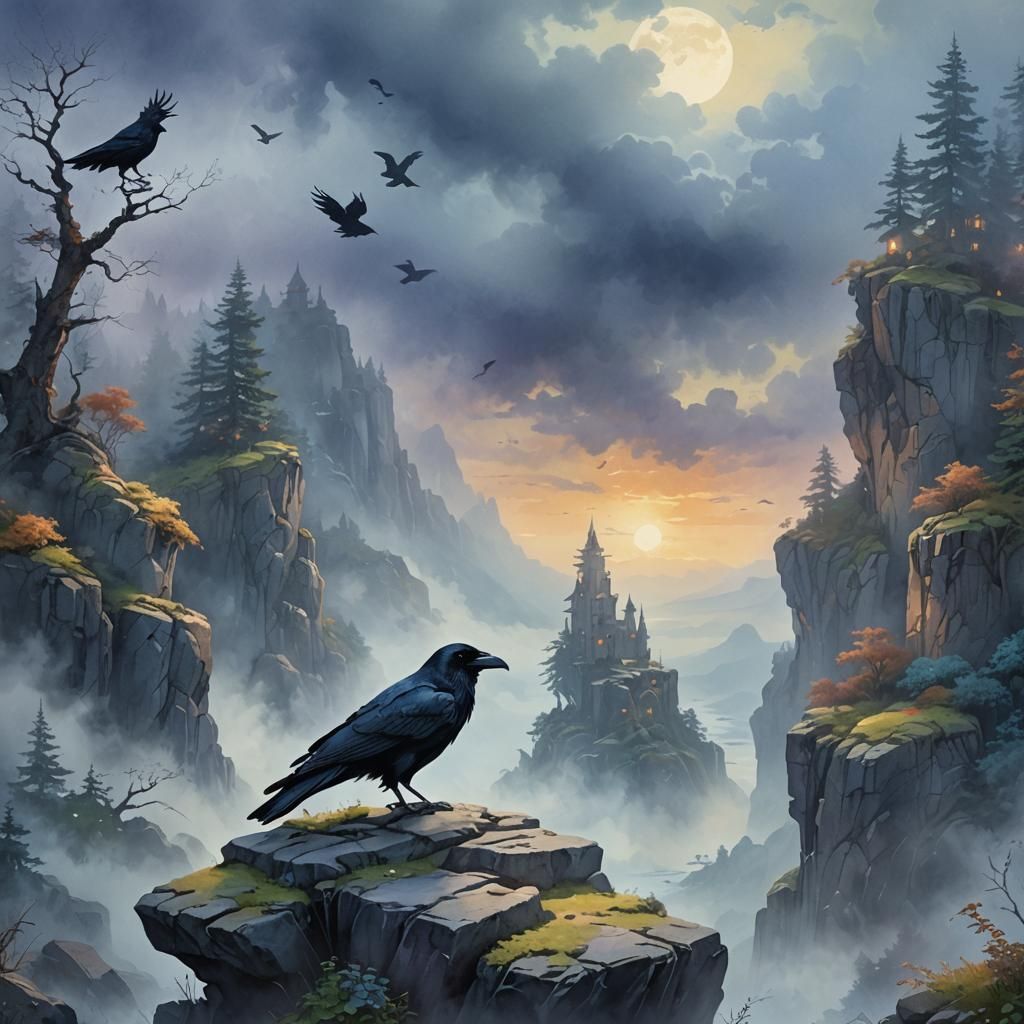 Misty Raven in Watercolor, Hyperdetailed Digital Painting