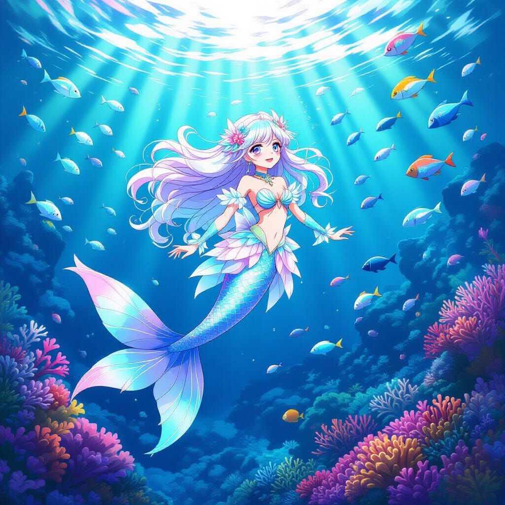Ethereal Mermaid Magical Girl in Vibrant Anime Style