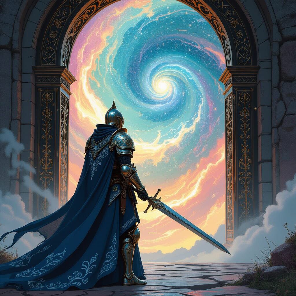 Knight Guards Cosmic Gate in Ornate Armor