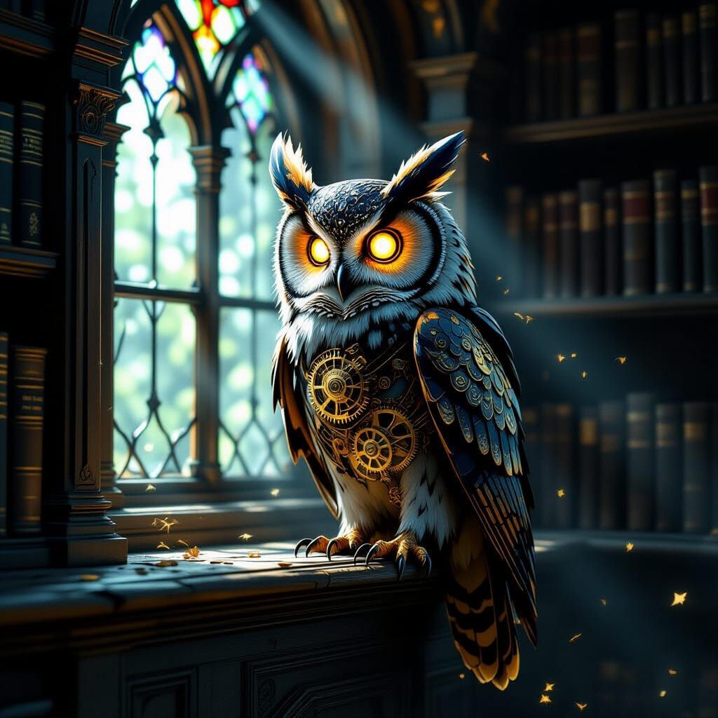 Clockwork Owl on Ancient Bookshelf in Dark Fantasy Style