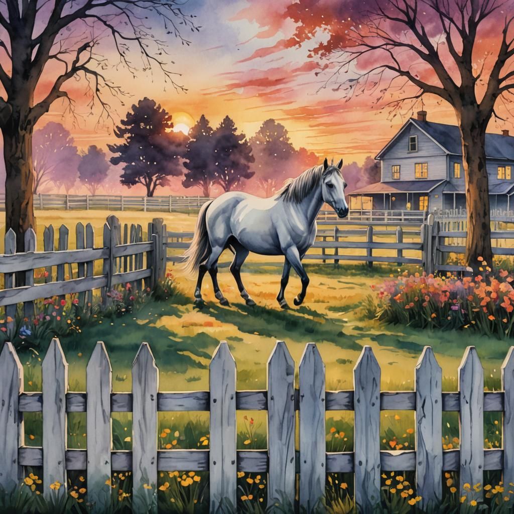 Horse at Sunset Watercolor Painting