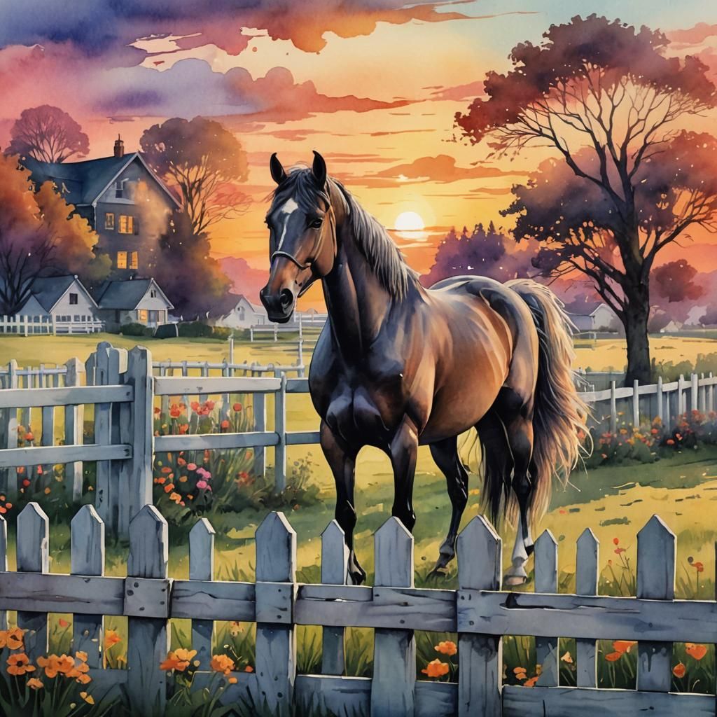 Horse at Sunset: A Vintage Watercolor Painting