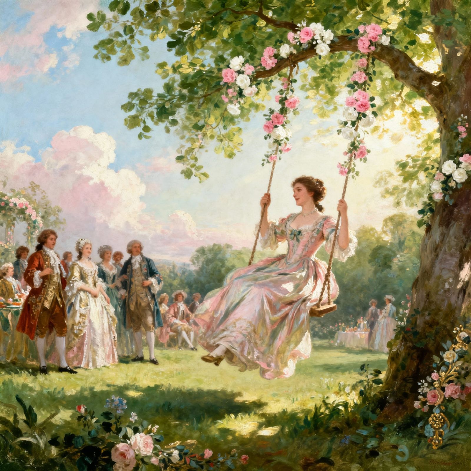 1770s Oil Painting of Court Figures at Fete Champetre