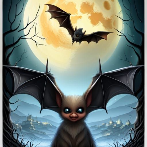Cute Bat with Moonlit Wings, Digital Matte Painting
