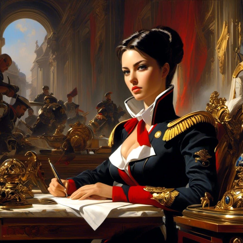 Woman Writing at Table in Biedermeier Anime Style