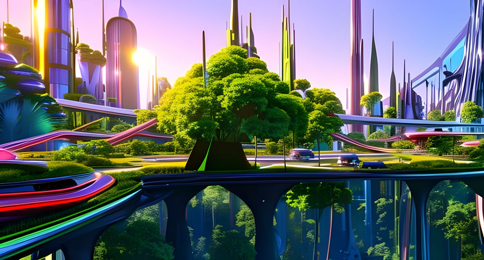 Retrofuturistic City Park in Valley at Sunrise