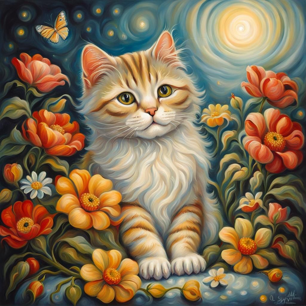 Optical Illusion of Cute Cat Among Flowers