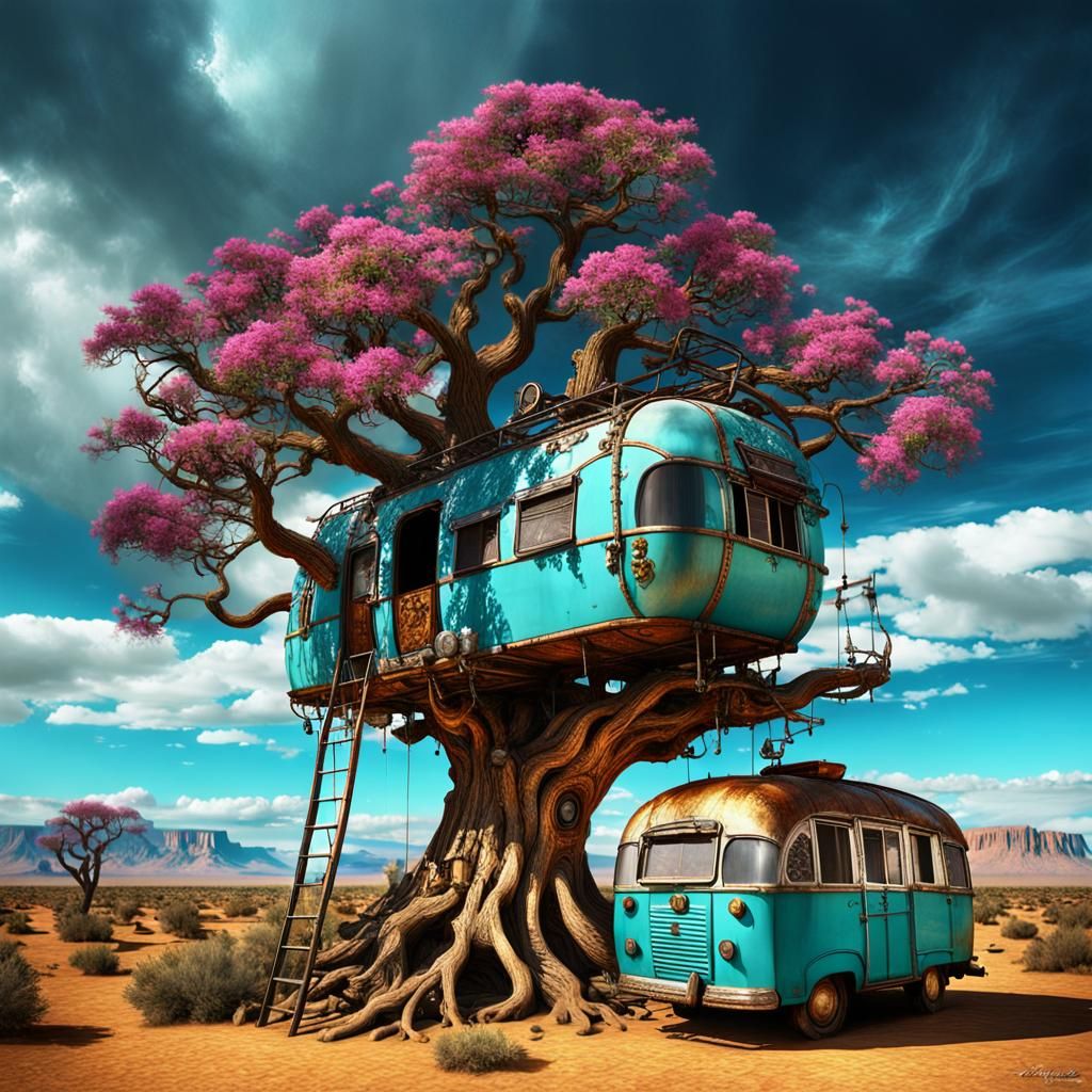 Steampunk Caravan Treehouse on Fantasy Desert Planet