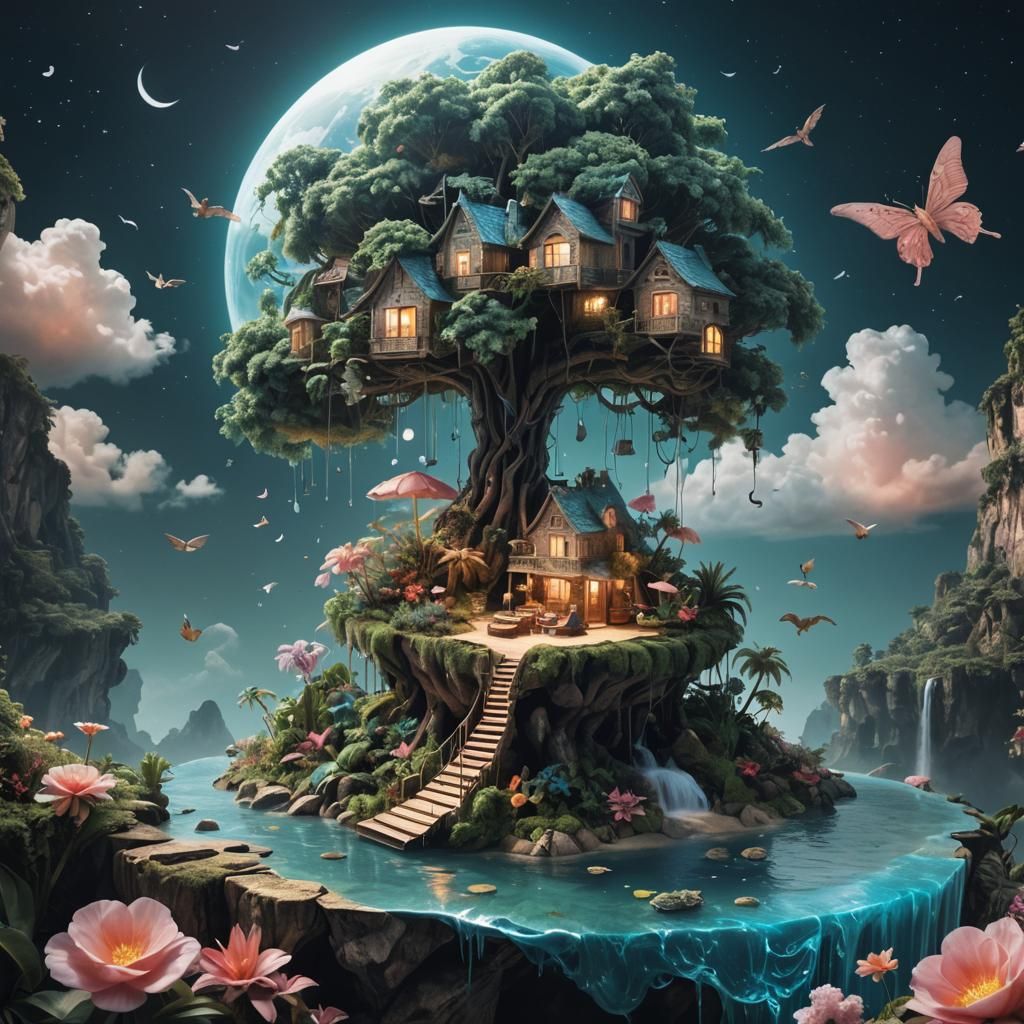 Surreal Floating Hand Island Wallpaper Design