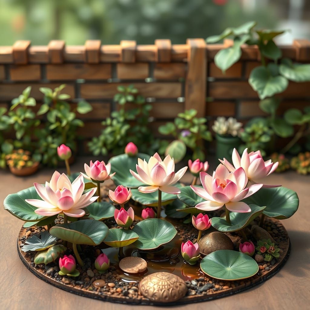 Whimsical Lotus Garden Diorama with Miniature Details