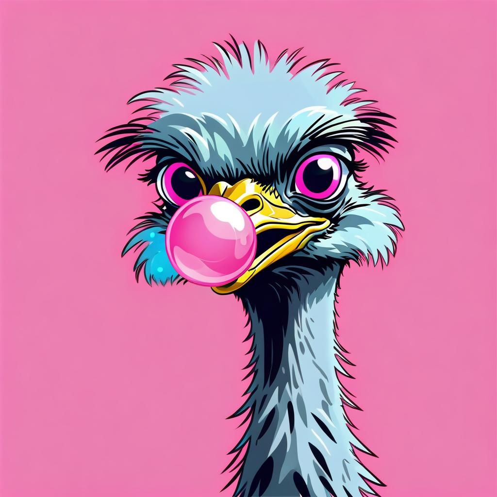 Funny Cartoon Emu Blowing Bubblegum Bubble