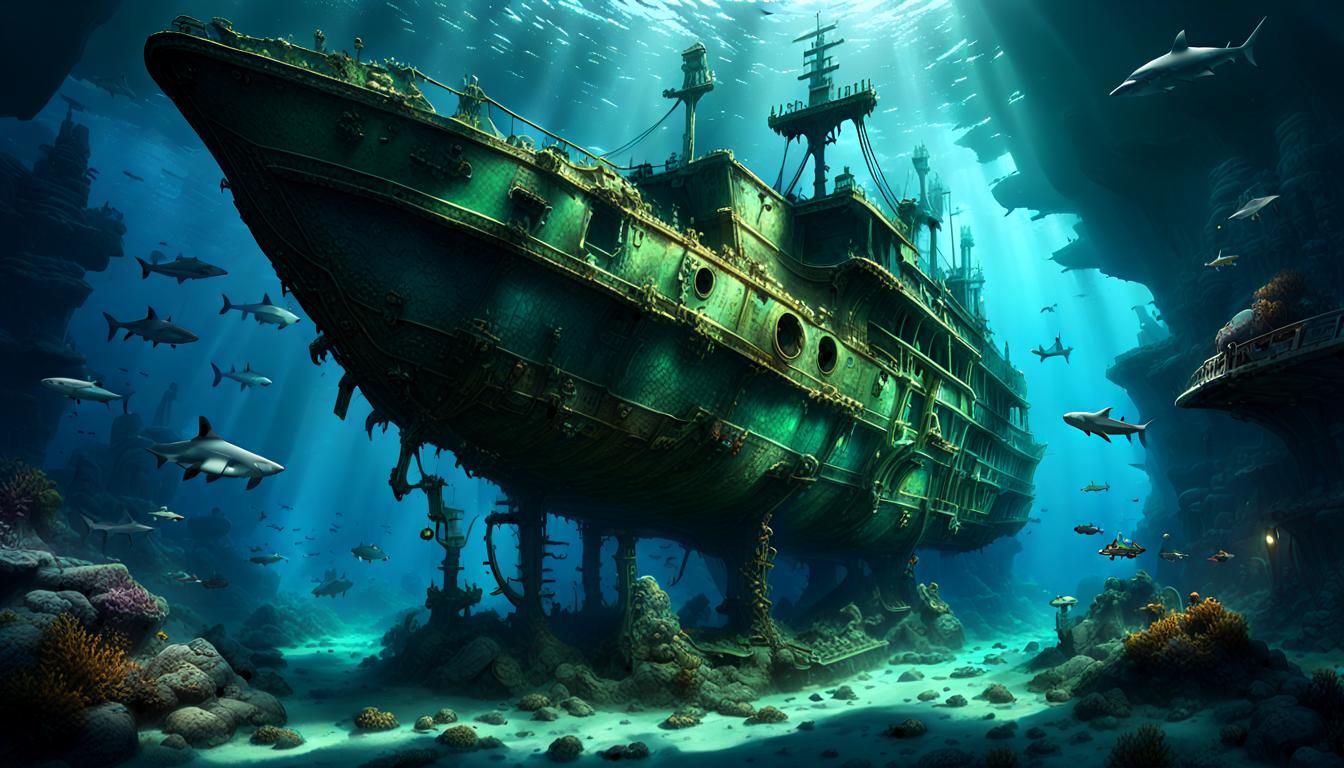 Underwater Shipwrecks and Sharks in Dark Fantasy Style