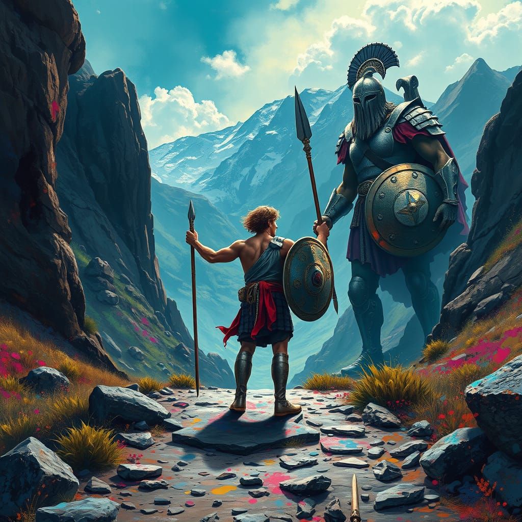 David vs Goliath: Epic Biblical Battle in Vibrant Digital Ar...