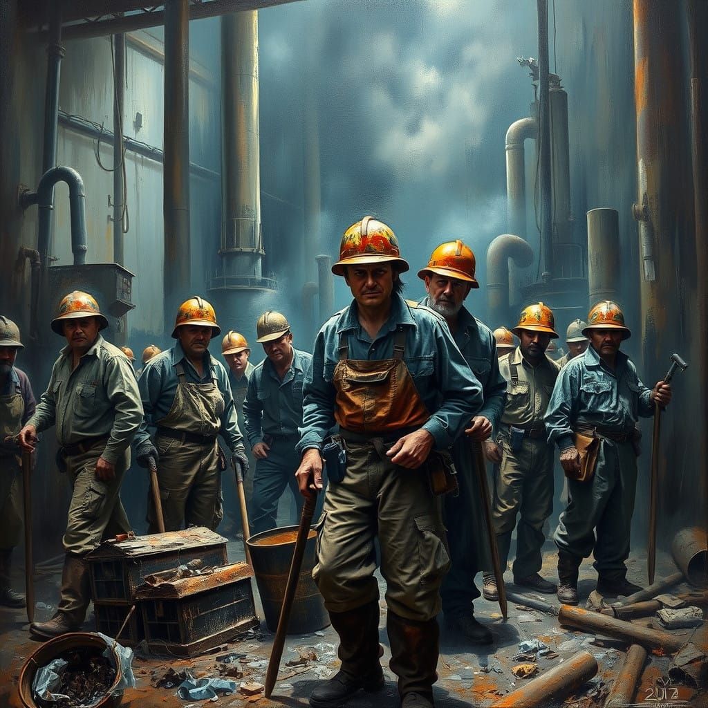 Gritty Industrial Laborers in Oil Painting Style