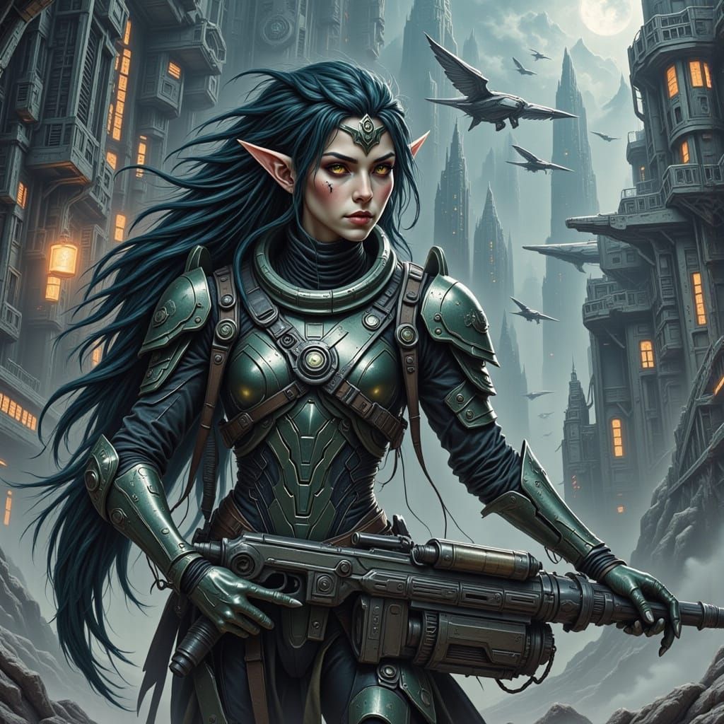 Cyberpunk Sci-Fi Elf Warrior with Blaster and Spaceship