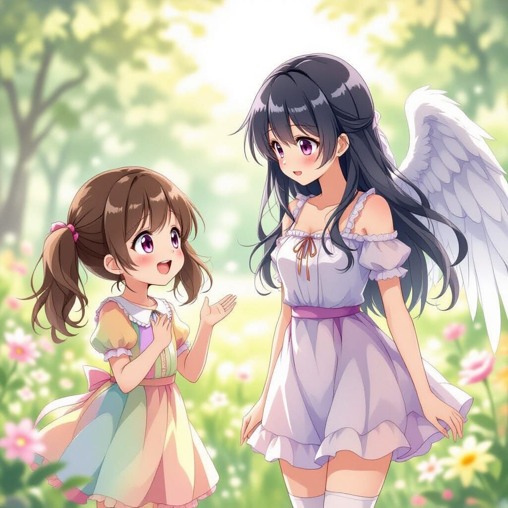 Anime Girl and Angelic Goddess in Dreamy Setting