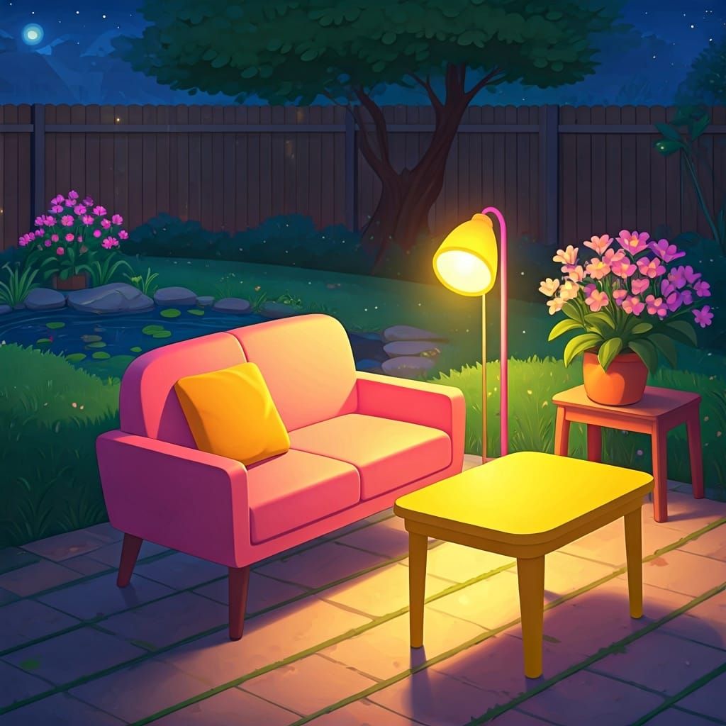 Cozy Living Room at Night with Pink Sofa