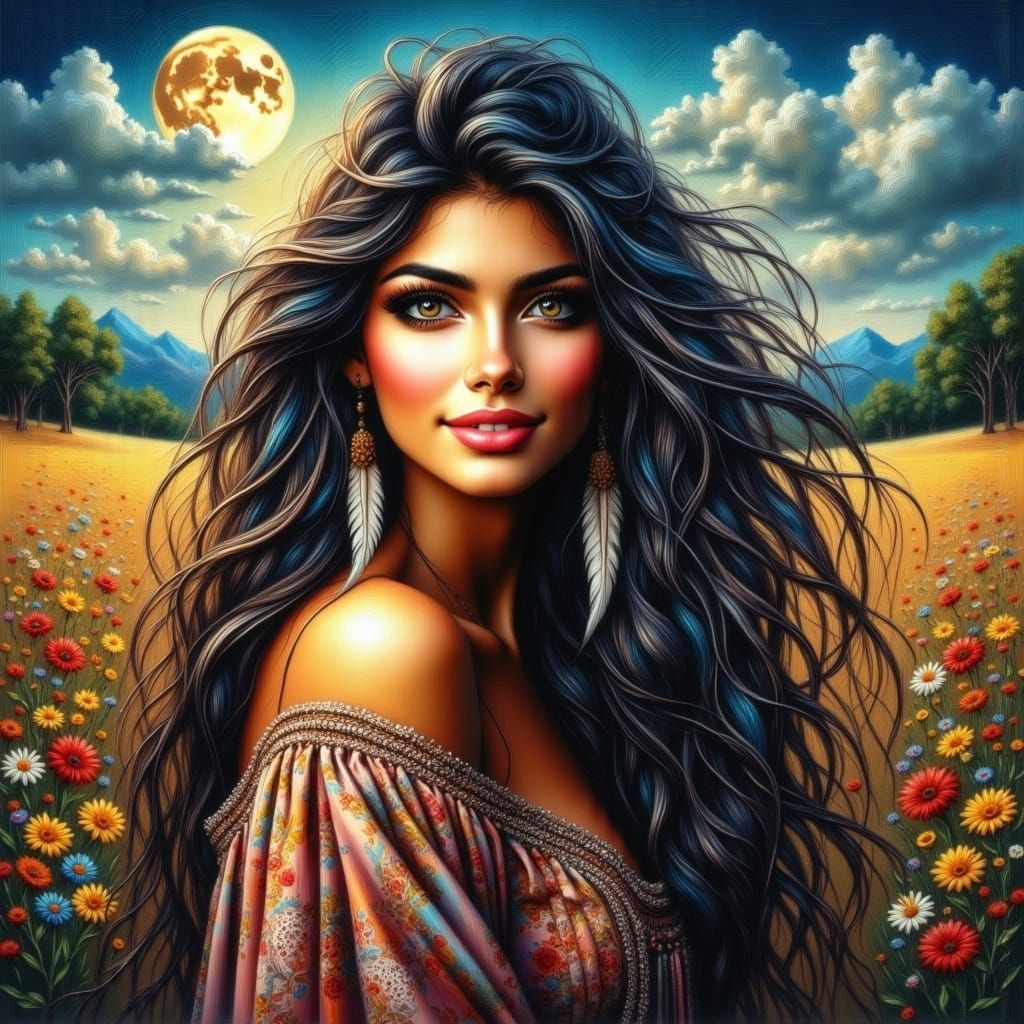 Black-Haired Hippy Woman in Wildflower Field