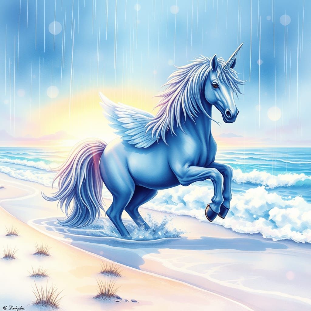 Ethereal Shaggy Blue Unicorn in Watercolour Style