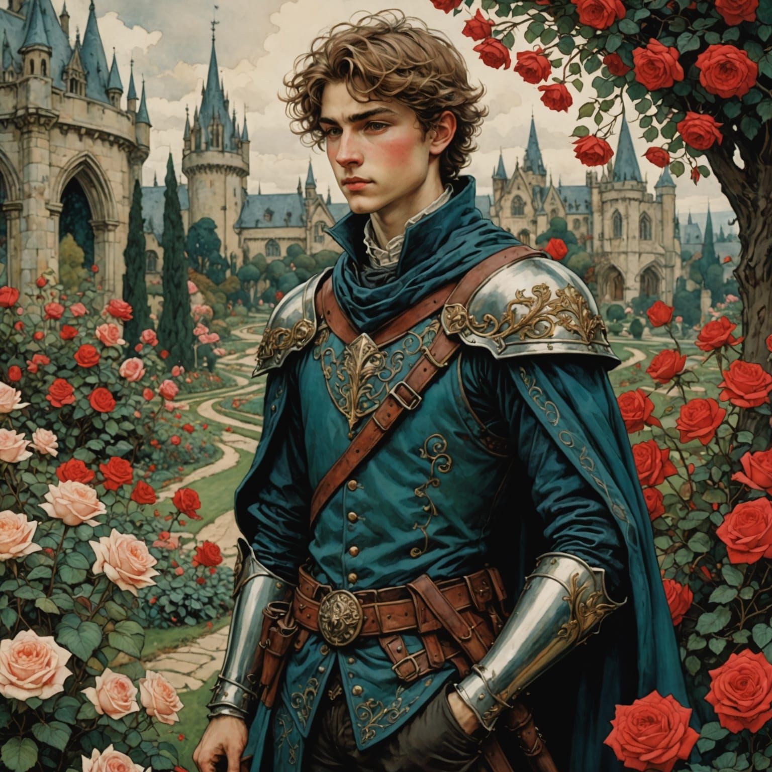 Boy Paladin in Saturated Rose Garden, Arthur Rackham Inspire...