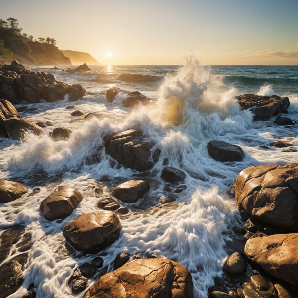 Vivid Dawn Over Rocky Beach Summer Landscape