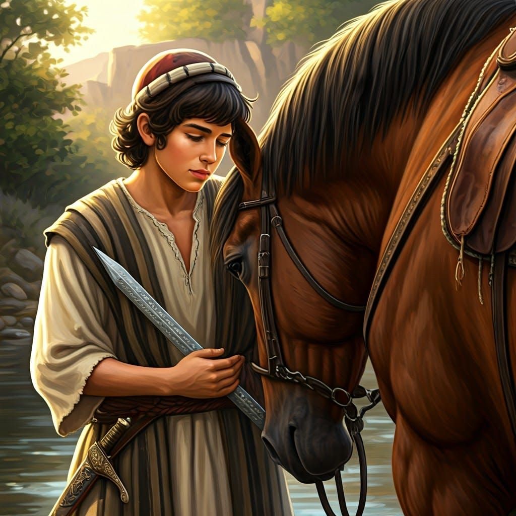 Ancient Hebrew Shepherd Boy in Tender Moment with Majestic H...