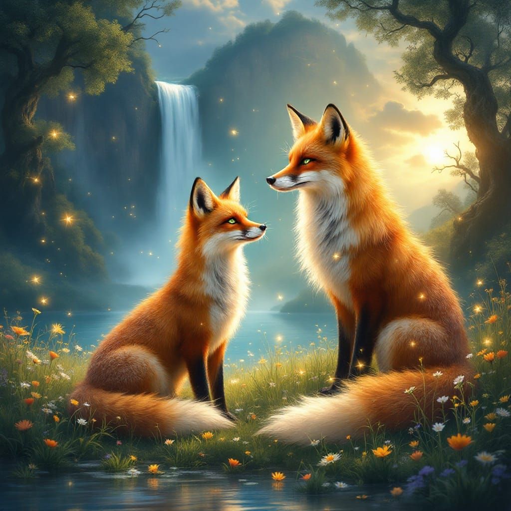 Fox Family in Summer Meadow: Ethereal Illustration