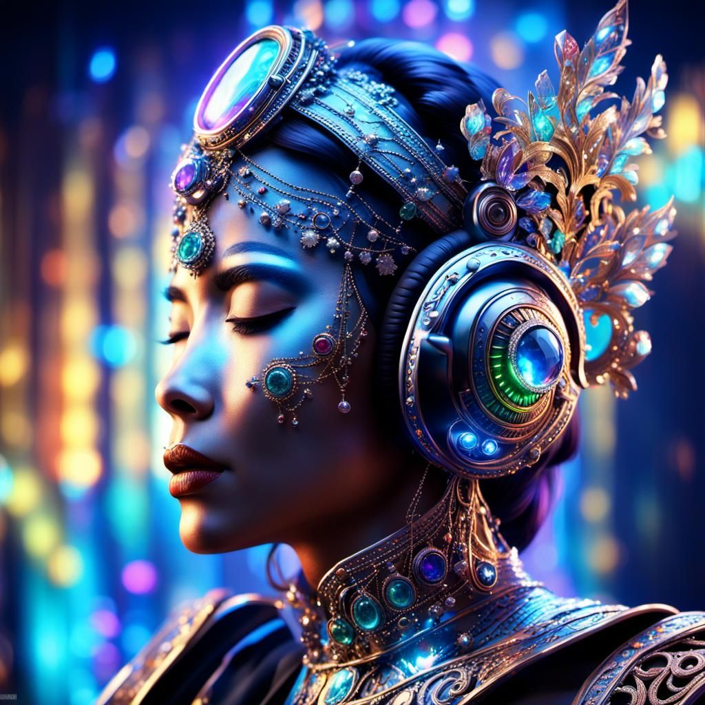 Woman with Jeweled Headset Singing, Hyperrealistic Digital A...