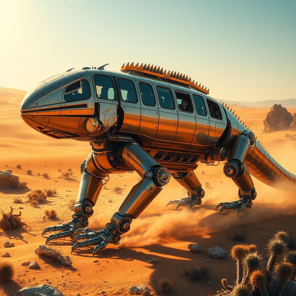 Robotic Lizard Bus Traversing a Desert Landscape