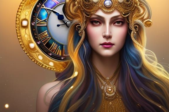 Ethereal Time Goddess Portrait in Art Nouveau Style