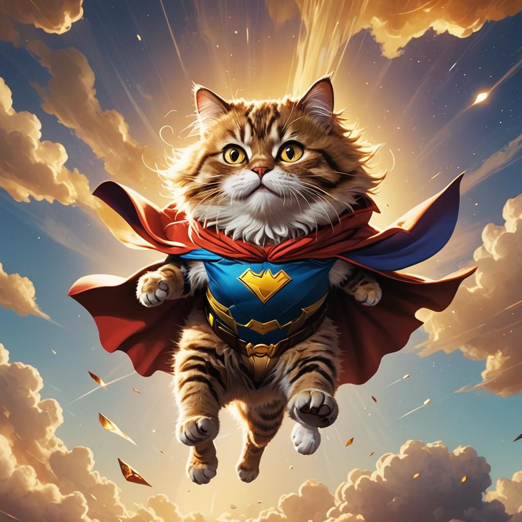 Superhero Cat Tangled in Cape: Comic Style Concept Art