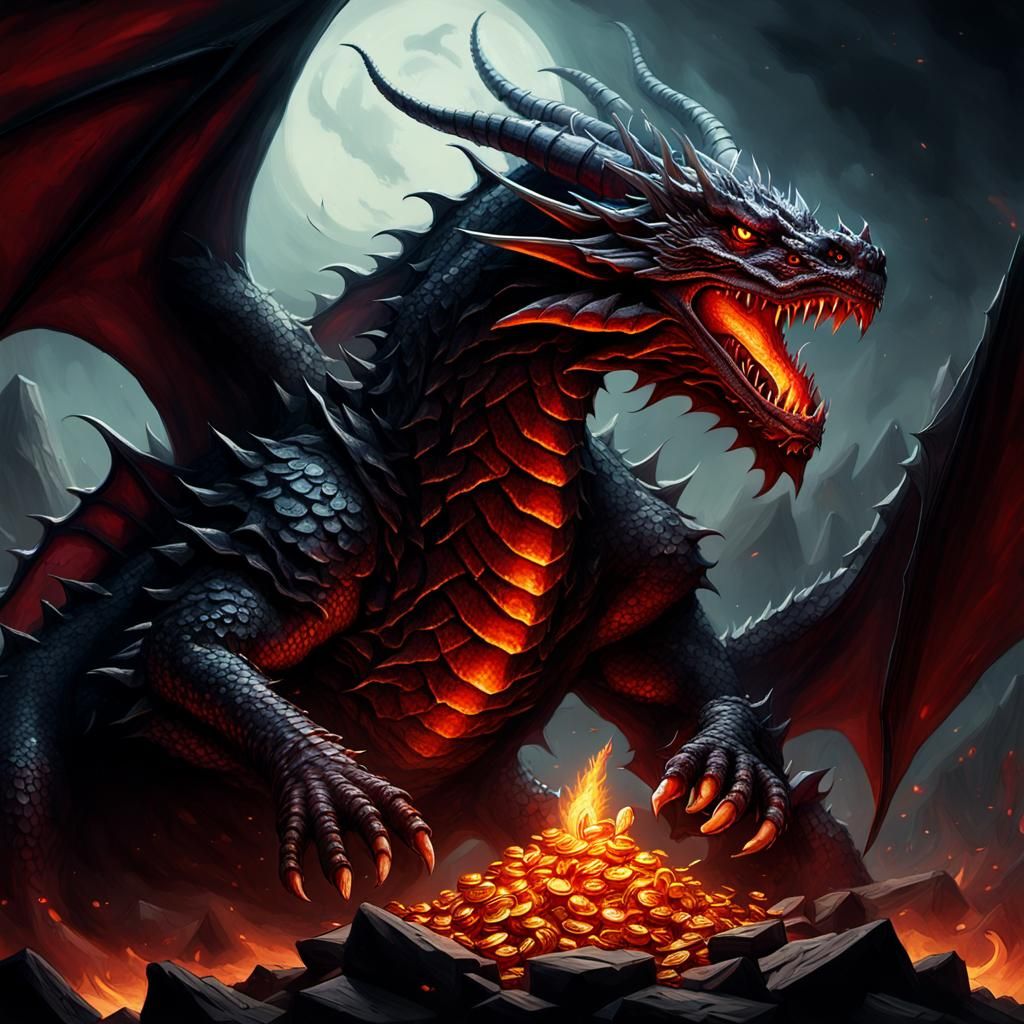 Red Dragon Guarding Treasure Hoard in Dark Fantasy