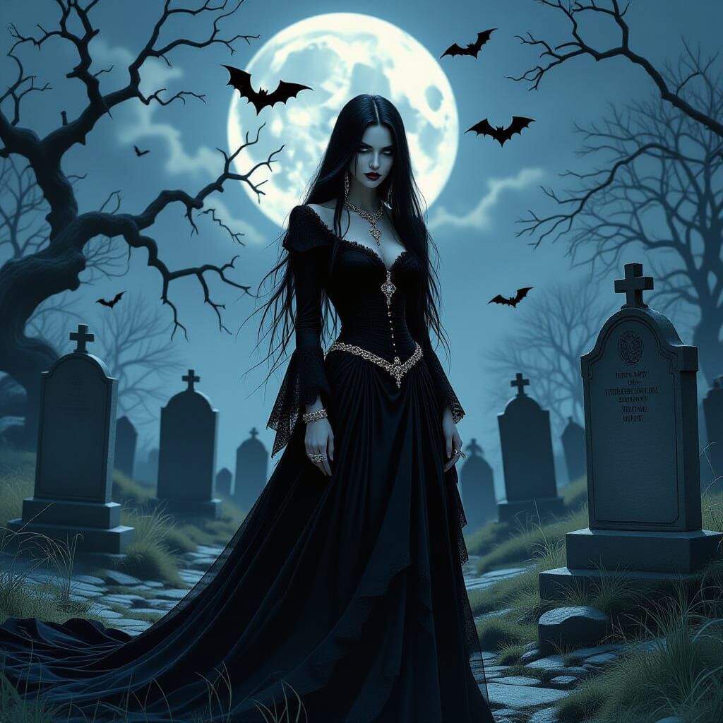 Gothic Woman in Moonlit Graveyard, Surreal Illustration