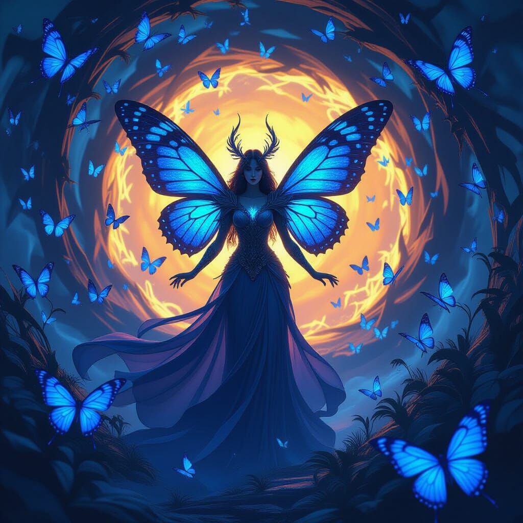Goddess of Blue Moths in Dark Fantasy Art