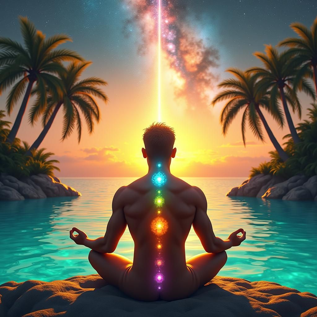 Meditating Man on Island at Sunset, Digital Art