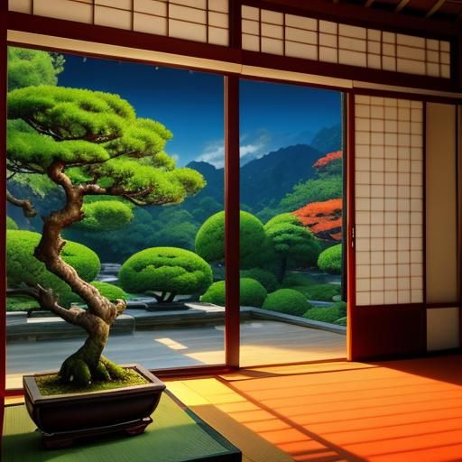 Oriental Room with Bonsai Sphere in Splash Art Style