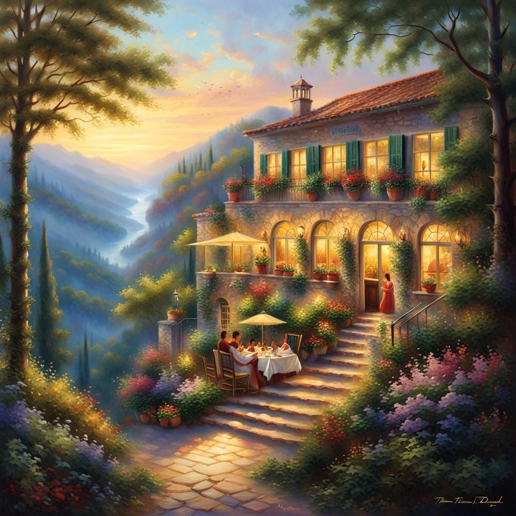 Mountain Restaurant in Dreamy Painterly Style