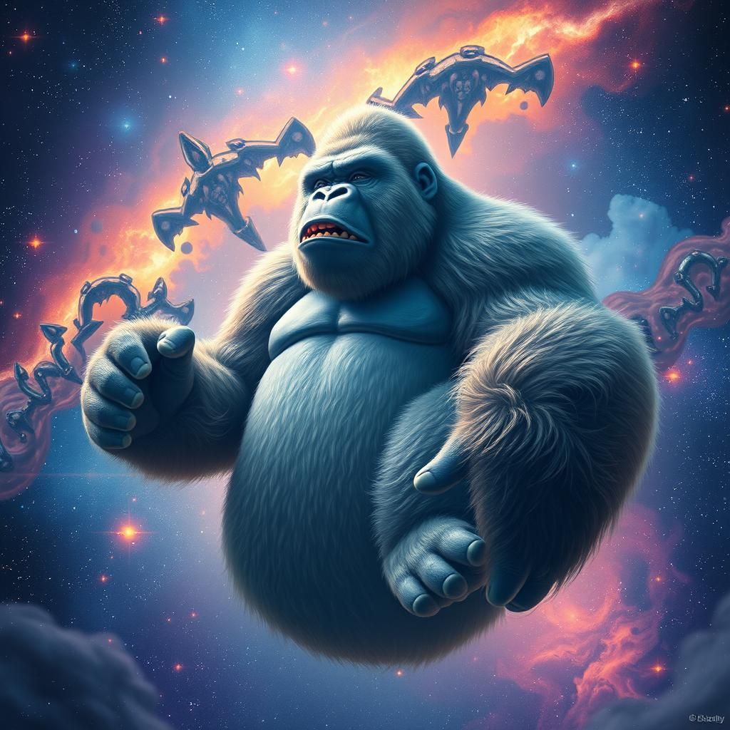 Ethereal King Kong Floating in Starry Galaxy