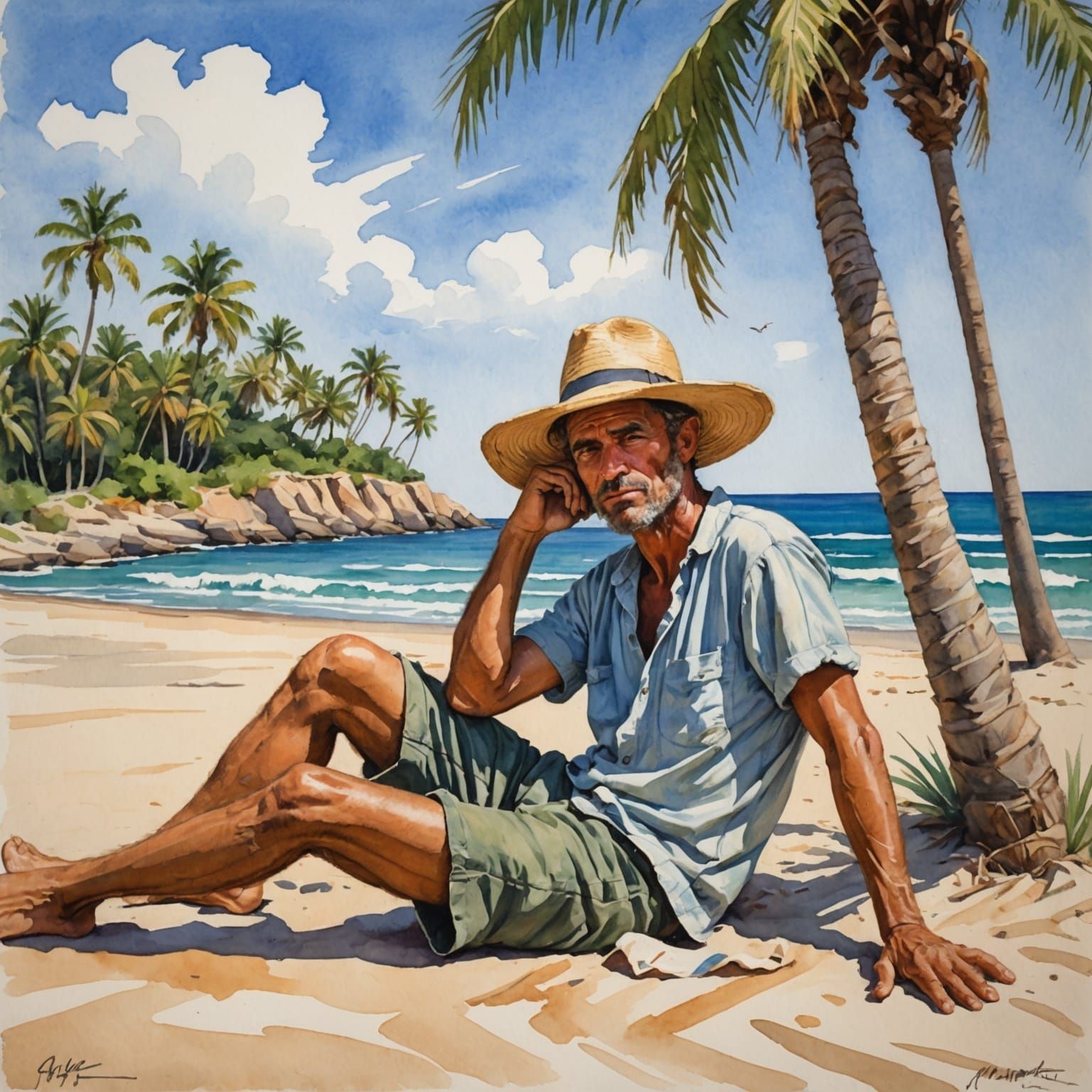 Desert Island Castaway in Gouache Watercolor Style