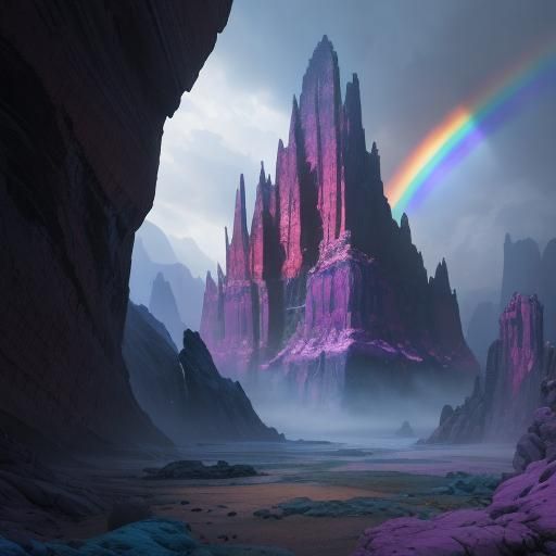 Colorful Rocks Beneath Rainbow in Dreamlike Liminal Space