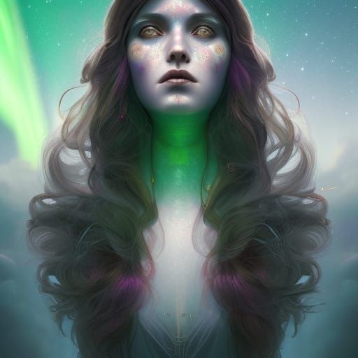 Cosmic gothic ethereal young lady with Aurora borealis in the background& witchy vibes