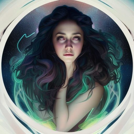 Cosmic gothic ethereal young lady with Aurora borealis in the background& witchy vibes