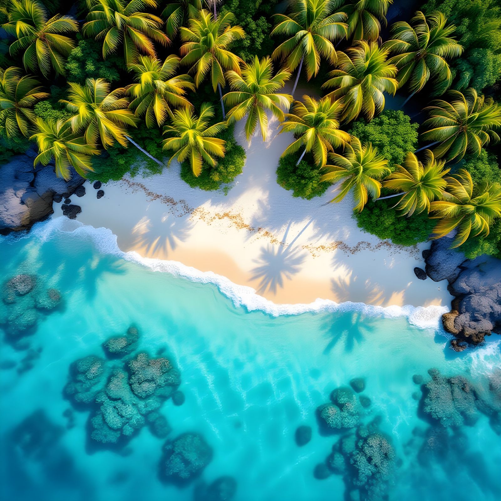 Hyperrealistic Tropical Island Coastline: Aerial View