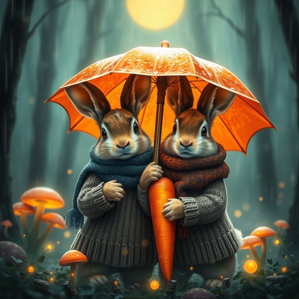 Rabbit Couple Under Carrot Umbrella, Fantasy Concept Art