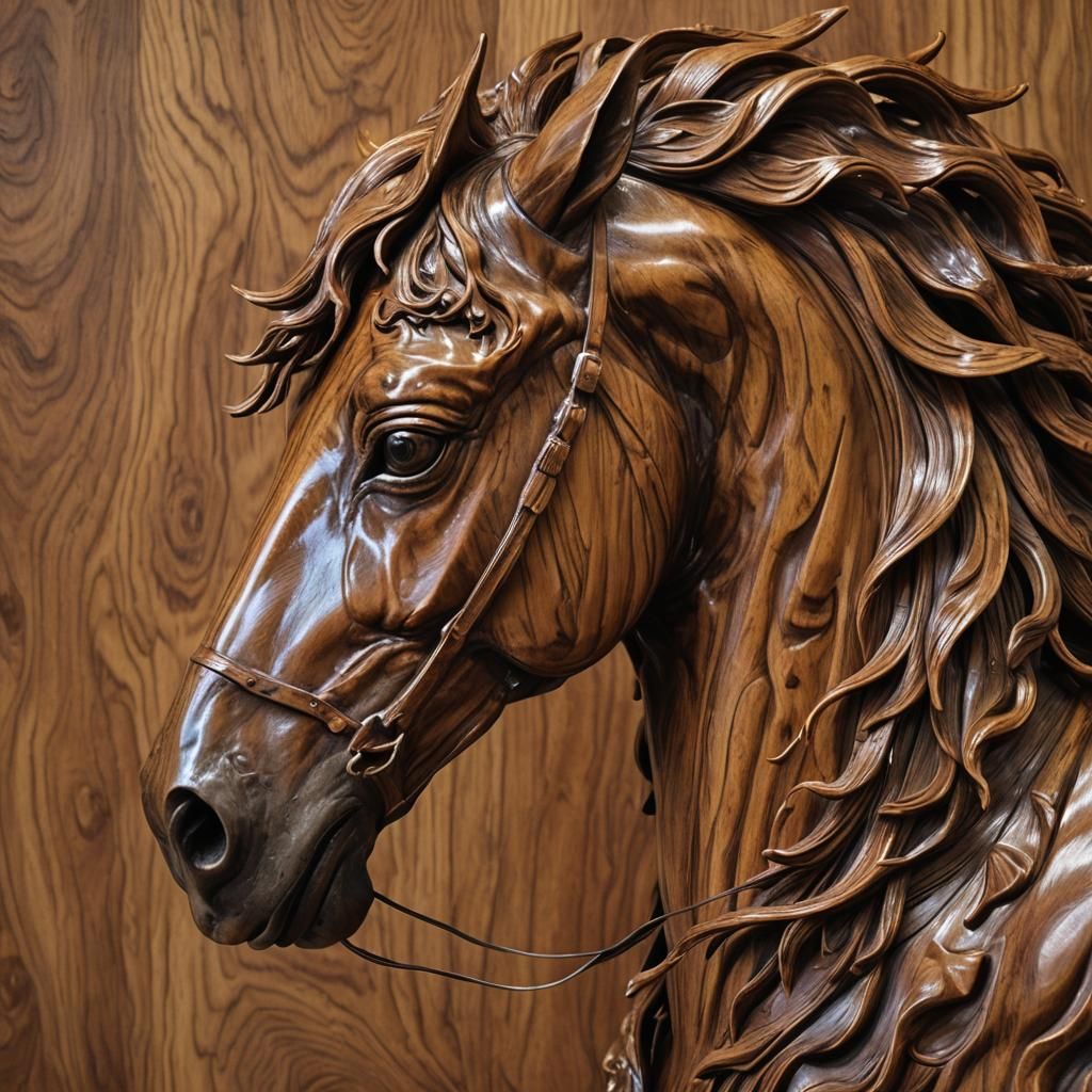 Detailed Baroque Wood Carving of a Horse Head