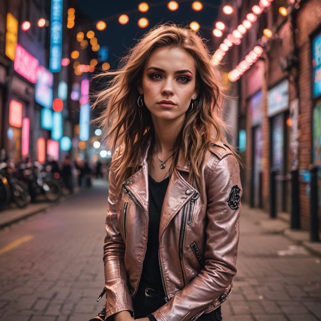 Punk Rock Girl Headshot with Neon City Lights