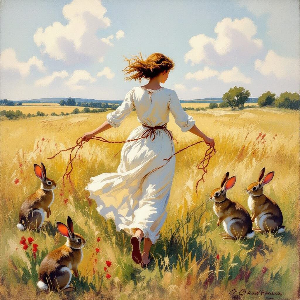 Whimsical Girl Soaring Through Field in Oskar Kokoschka Styl...