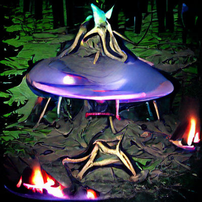 Eerie Forest Campfire Under Alien Influence